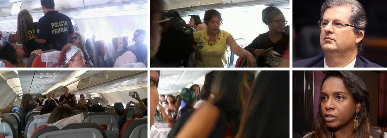 Polícia Federal deteve por cerca de uma hora, no Aeroporto Internacional Juscelino Kubitschek, um total de 73 mulheres dentro de um avião da TAM, que vinha de Salvador para Brasília; as mulheres são delegadas e participantes da Conferência Nacional de Políticas para as Mulheres, que ocorre nesta tarde no Palácio do Planalto, e foram acusadas de proclamar palavras de ordem contra os deputados Jutahy Magalhães (PSDB-BA) e Tia Eron (PRB-BA), que estavam no voo; a deputada Moema Gramacho (PT-BA), que está no local com a deputada Maria do Rosário (PT-RS), denunciou a arbitrariedade; as mulheres foram levadas a depor na sala da PF no aeroporto