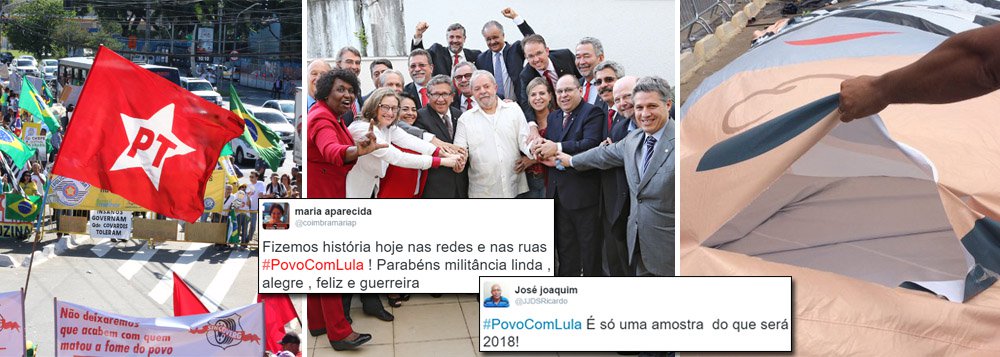 Demonstrações de apoio tanto diante do Fórum da Barra Funda, em São Paulo, como nas redes sociais, comprovam o risco de tentar atingir o ex-presidente Lula com investigações arbitrárias; no Twitter, a hashtag #PovoComLula foi a mais comentada pelos internautas no Brasil nesta quarta-feira 17, depois que o Conselho Nacional do Ministério Público suspendeu o depoimento do ex-presidente; manifestantes levaram em frente ao Fórum faixas a favor do petista e rasgaram o boneco inflável em que Lula está vestido de presidiário; comitiva de deputados do PT também foi a São Paulo em desagravo ao ex-presidente