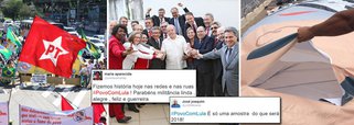Demonstrações de apoio tanto diante do Fórum da Barra Funda, em São Paulo, como nas redes sociais, comprovam o risco de tentar atingir o ex-presidente Lula com investigações arbitrárias; no Twitter, a hashtag #PovoComLula foi a mais comentada pelos internautas no Brasil nesta quarta-feira 17, depois que o Conselho Nacional do Ministério Público suspendeu o depoimento do ex-presidente; manifestantes levaram em frente ao Fórum faixas a favor do petista e rasgaram o boneco inflável em que Lula está vestido de presidiário; comitiva de deputados do PT também foi a São Paulo em desagravo ao ex-presidente