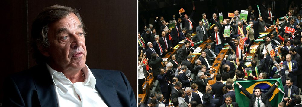 O escritor português Miguel Souza Tavares afirma que "as oito horas de votação na Câmara de Deputados para destituir Dilma Rousseff tiveram função demolidora para a imagem do Brasil no mundo"; "Entre os povos livres e civilizados, a ideia que passou é que o Brasil é mesmo um país do Terceiro Mundo, onde a democracia é uma farsa e a classe política um grupo de malfeitores de onde está ausente qualquer vestígio de serviço público", diz; ele faz ainda uma dura crítica ao PMDB: "O partido que comanda o golpe e mais espera dele vir a se beneficiar, o PMDB, é o exemplo acabado de tudo aquilo que a política não deveria ser"