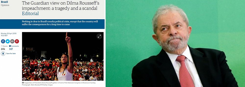 Editorial do jornal inglês The Guardian alerta para o risco do processo de impeachment acabar por colocar um ponto final nas investigações contra a corrupção no Brasil; segundo o jornal, "muitos temem que a campanha anticorrupção vai desaparecer depois da concentração de fogo final contra Lula"; texto destaca ainda que um eventual governo do vice-presidente Michel Temer enfrentará dificuldades semelhantes às da presidente Dilma Rousseff no que diz respeito as crises política e econômica, cujas "chances de lidar efetivamente com esses problemas devem ser classificadas como baixas"; "É difícil imaginar um cenário mais sombrio para o Brasil", diz o jornal inglês
