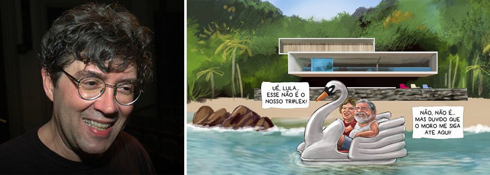 Cartunista é o segundo a abordar em charge o triplex dos Marinho, da Globo, em meio a dezenas de acusações contra Lula sobre o apartamento no Guarujá; Renato Aroeira diz que caso "merece até citação da Bíblia": "...Hipócrita! Tira primeiro a trave do teu olho, e então poderás ver com clareza para tirar o cisco do olho de teu irmão"