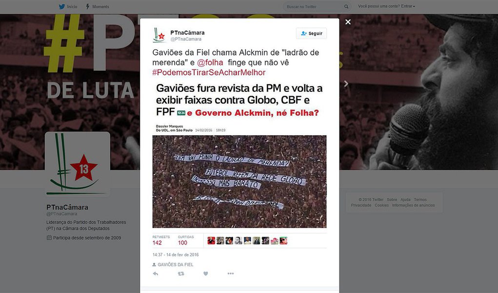 Em matéria do UOL, portal do Grupo Folha, ilustrada com uma foto da torcida do Corinthias, site não menciona protesto contra o governador tucano Geraldo Alckmin, chamado de “ladrão da merenda”: ‘Gaviões fura revista da PM e volta a exebir faixas contra Globo, CBF e FBF’, apontava a manchete; posteriormente, título foi corrigido e passou a atribuir o protesto ao deputado Fernando Capez, presidente da Assembleia Legislativa de SP