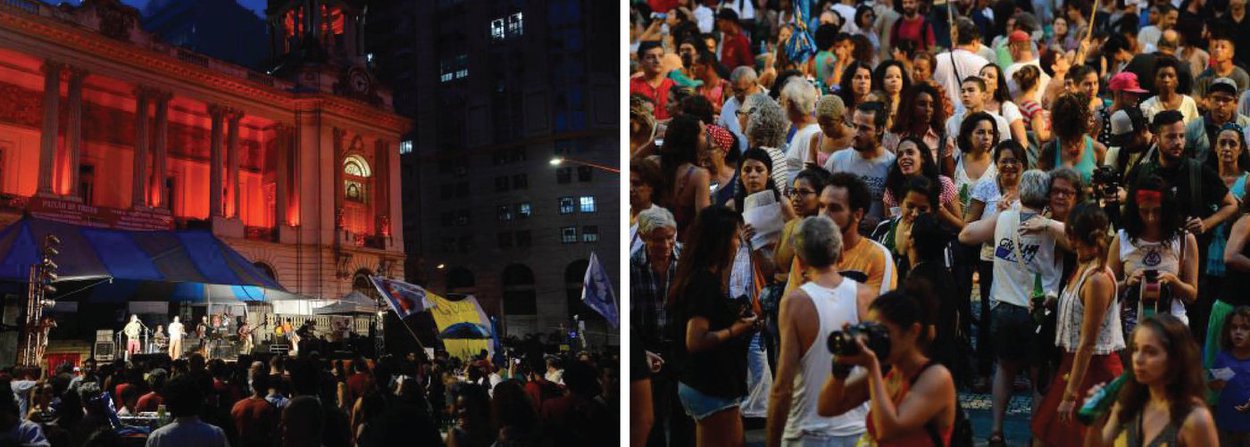 A Frente Nacional de Mobilização Povo sem Medo e o coletivo Ocupa Carnaval promovem desde o fim da tarde desta quinta (24) o evento cultural Festival pela Democracia, na Cinelândia, centro do Rio de Janeiro; entre os artistas, grupos e blocos de carnaval anunciados estão BNegão, Otto, Gregorio Duvivier, Tico Santa Cruz, Grupo Maracutaia, Unidos do Baque Virado, Sarau do Escritório, Nada Deve Parecer Impossível de Mudar, Forró de Rabeca, Comuna que Pariu, Primavera das Mulheres, Centro de Teatro do Oprimido, Poesia Viral, Manifesto dos Escritores, Mario Lago Filho e DJ Fukô, entre outros; uma das frases gritadas pelos organizadores é: "Golpe nunca mais. Eu tô nas ruas por direitos sociais"; a frente distribuiu um manifesto, em que propõe uma “saída pela esquerda”
 