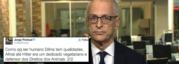Jornalista da TV Globo, Jorge Pontual passou a ser criticado no Twitter depois de ter publicado que a presidente Dilma também possui qualidades; "Afinal até Hitler era um dedicado vegetariano e defensor dos direitos dos animais", lembra ele; internautas o acusaram de fazer uma comparação, o que ele nega; "Eu estava DEFENDENDO a Dilma", rebateu
