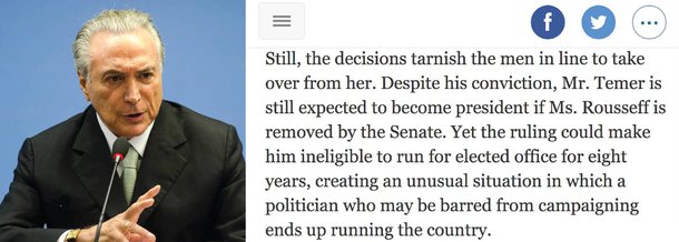 Texto publicado pelo The New York Times repercute o entendimento da Procuradoria Regional Eleitoral de São Paulo segundo a qual o vice-presidente Michel Temer (PMDB) pode ser considerado ficha-suja após ser multado pelo Tribunal Regional Eleitoral por ter feito doações acima do estabelecido pela legislação; a reportagem aponta o fato de que Temer poderá substituir Dilma mesmo estando inelegível; para o NY Times, a situação de Temer é mais um elemento ao ambiente turbulento da política do Brasil; a matéria também relata que vários políticos que poderão compor o ministério do eventual governo Temer enfrentam seus próprios casos de corrupção, como Geddel Vieira Lima, Romero Jucá e Henrique Alves