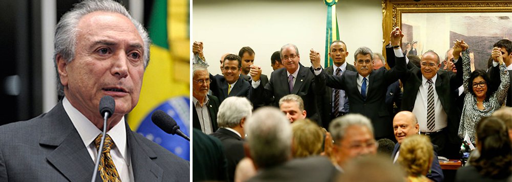 Colunista Bernardo Mello Franco diz que a foto dos cinco políticos do PMDB que comemoraram o rompimento com o governo e gritaram "Temer presidente" ilustra o sentimento de que a ascensão de Michel Temer interessa a muitos investigados da Lava Jato; “para eles, o vice traz a esperança de um acordão que freie as investigações”, diz