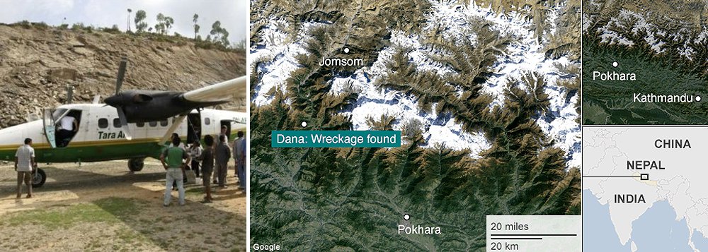 Avião de pequeno porte da empresa privada Tara Air caiu no Nepal em função das condições climáticas ruins, acidente matou todas as 23 pessoas a bordo, disse um agente da polícia local, aeronave voava de Pokhara, que fica 125 quilômetros da capital, Catmandu, para a aldeia de Jomsom quando perdeu contato com a torre de controle