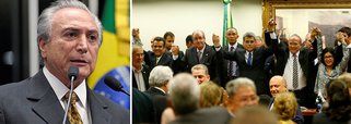 Colunista Bernardo Mello Franco diz que a foto dos cinco políticos do PMDB que comemoraram o rompimento com o governo e gritaram "Temer presidente" ilustra o sentimento de que a ascensão de Michel Temer interessa a muitos investigados da Lava Jato; “para eles, o vice traz a esperança de um acordão que freie as investigações”, diz