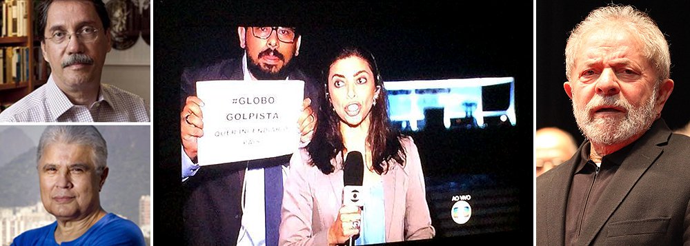 
Por meio dos colunistas Merval Pereira e Ricardo Noblat, a Globo voltou a contestar a decisão do Ministério Público de São Paulo de pedir a prisão preventiva do ex-presidente; desde o início desse processo, a Globo, como incitadora do ódio, se tornou alvo de diversos protestos populares; Merval reconhece que, 'mesmo que fossem verdadeiras as alegações dos promotores do estado de São Paulo para pedir a prisão preventiva do ex-presidente Lula, os argumentos levantados têm mais cunho político do que jurídico'; Noblat diz que os "três jovens e tolos promotores públicos de São Paulo estão à procura dos seus 10 minutos de fama de uma nota de rodapé em futuros livros de História"; ontem, durante o jornal de William Waack, foi exibido o cartaz com os dizeres "Globo Golpista"
