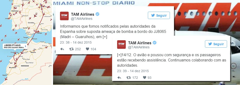 Voo JJ8065, que seguia para São Paulo, saiu às 20h37 dessa segunda-feira (14) e regressou a Madri ao receber a informação sobre a ameaça de bomba, quando sobrevoava o Marrocos