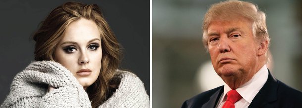 O polêmico empresário utilizou a música Rolling In The Deep, um dos grandes êxitos da cantora britânica, durante um comício em Lexington, na Carolina do Sul; "Adele não deu autorização para que a sua música seja utilizada em qualquer campanha política", afirmou o porta-voz da cantora