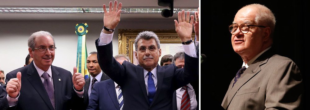 'É necessário reconhecer que a cena do deputado Eduardo Cunha e do senador Romero Jucá de mãos dadas e braços erguidos comemorando o rompimento do PMDB com o Planalto mostra para onde vão os interesses de uma banda da oligarquia. Cunha é réu no STF e Jucá está sendo investigado pelo MP. Se houvesse qualquer referência ao combate à corrupção no seu discurso de posse presuntiva, Temer mostraria coragem e disposição de incomodar correligionários. Esqueceu-se, tudo bem, mas não deve pedir aos ouvintes que não percebam', disse o colunista Elio Gaspari