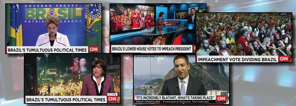  Longa reportagem da CNN denuncia o avanço do golpe no Brasil; em matéria sobre a votação do pedido de impeachment da presidente Dilma Rousseff na Câmara, a jornalista norte-americana Christiane Amanpour fala em "meios anti-democráticos" para impedir o mandato de Dilma; o jornalista Glenn Greenwald fala sobre o caso no programa