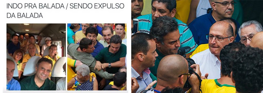 ‘Aécio conseguiu ser vaiado na Paulista. Foi chamado de vagabundo, corrupto e oportunista. Um manifestante disse: “Se ele pensa que tudo vai cair no seu colo está enganado”’, destaca Paulo Nogueira, do DCM; “A pancada pode ter sido definitiva. A classe média ignara que bate panelas e veste camisa da CBF em protestos não respeita Aécio. Os progressistas que se batem pela democracia o abominam. Sobrou o que para ele? O apoio da Globo, é verdade. Agora: o mesmo mal que se abate sobre Aécio alcança a Globo. Ela é, merecidamente, rejeitada pelos dois lados em que se divide a sociedade’, conclui; memes viralizaram com a imagem de Aécio "indo para a balada" e "sendo expulso da balada"