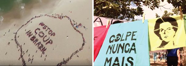 Um grupo de ativistas que reúne pessoas de várias cidades do mundo fez uma projeção na areia de uma das praias do Rio de Janeiro contra o golpe; centenas de pessoas participaram do ato que desenhou a frase "Stop Coup in Brazil", como forma de denunciar o que está ocorrendo no país
