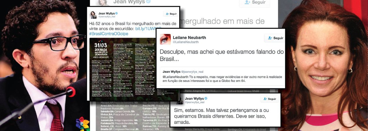 Deputado federal Jean Wyllys (Psol-RJ) publicou uma imagem na qual convocava seus seguidores para as manifestações contra o impeachment da presidente Dilma; a jornalista da GloboNews Leilane Neubarth comentou o post; "Te respeito muito mas comparar 64 com 2016 é como comparar peixe com Saturno”; Jean retrucou; “Também a respeito, mas negar evidências e dar outro nome à realidade em função de seus interesses foi o que a Globo fez em 64”; “Desculpe, mas achei que estávamos falando do Brasil…”, respondeu Leilane; Jean continuou suas argumentações; “Mas talvez pertençamos a ou queiramos Brasis diferentes"; ele anexou na mensagem o pedido de desculpas da Globo por ter apoiado o golpe de 64