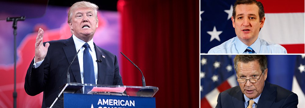 Candidatos republicanos Ted Cruz e John Kasich anunciaram um acordo para deter o avanço da candidatura do magnata Donald Trump, líder na corrida eleitoral que vai escolher o representante do Partido Republicano nas eleições presidenciais dos Estados Unidos em novembro deste ano; acordo, sem precedentes na história eleitoral dos EUA, consiste em ceder um ao outro os estados que ainda vão eleger delegados do partido e, assim, ganhar energia para a convenção nacional do Partido Republicano, marcada para julho; anúncio do acordo foi feito uma semana depois da vitória de Donald Trump nas eleições primárias de Nova York