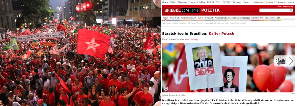"Pela primeira vez, desde o fim da ditadura militar em meados dos anos 80, o maior país da América Latina se vê diante de uma iminente profunda crise institucional que pode destruir todos os progressos conquistados nos últimos 30 anos. Parte da oposição e da Justiça age, juntamente com a maior empresa de telecomunicações TV Globo, para estimular uma verdadeira caça às bruxas que tem como alvo o ex-presidente Lula", diz trecho do artigo publicado na Spiegel sobre o cenário político no Brasil; texto diz ainda que o "ambicioso" juiz Sérgio Moro tem como "evidente objetivo central" colocar o ex-presidente Lula atrás das grades