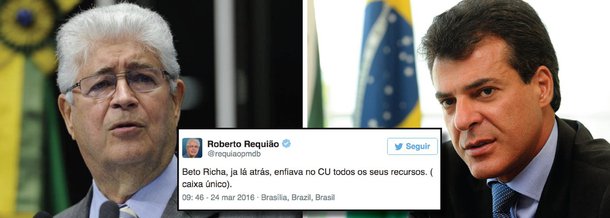 O senador Roberto Requião (PMDB-PR), pelo Twitter, indignado com o vazamento seletivo de denúncias, decidiu revelar o local ‘onde’ o governador do Paraná, Beto Richa (PSDB), costuma enfiar todos os recursos; "Beto Richa, ja lá atrás, enfiava no CU todos os seus recursos. ( caixa único)", disse ele no Twitter; o nome Beto Richa aparece anotado na planilha de propinas da Odebrecht, apreendida pela Polícia Federal, onde está registrado R$ 200 mil para a campanha eleitoral de 2010