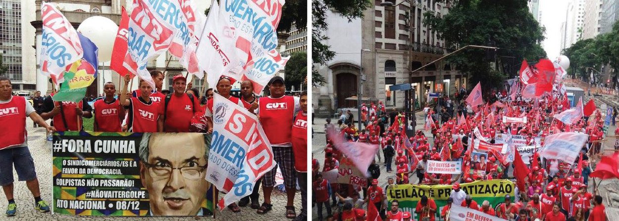 Trabalhadores e sindicalistas ligados às centrais sindicais e representantes de movimentos sociais realizam manifestação no centro do Rio em protesto contra a tentativa de impeachment da presidente Dilma; o presidente nacional da CUT, Valter Freitas, disse que o objetivo principal da manifestação era repudiar o que ele classificou como golpe