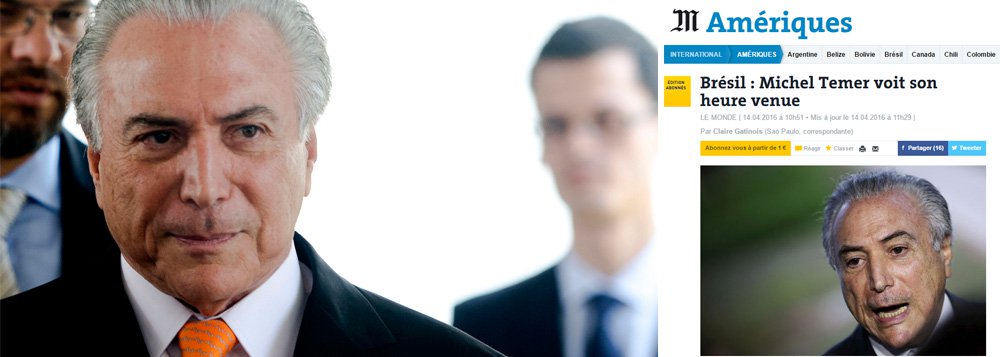 Jornal francês define o vice-presidente da República, Michel Temer (PMDB), como um "homem dos bastidores" e um "profissional da política e das intrigas parlamentares", que pode se tornar o presidente do Brasil em caso de impeachment, apesar de não ter 3% das intenções de voto; Le Monde destaca, ainda, que o presidente da Câmara, Eduardo Cunha, quer transformar a votação deste domingo em um espetáculo midiático, transmitido pela Rede Globo, de maneira a pressionar os parlamentares a votar pelo afastamento da presidente Dilma