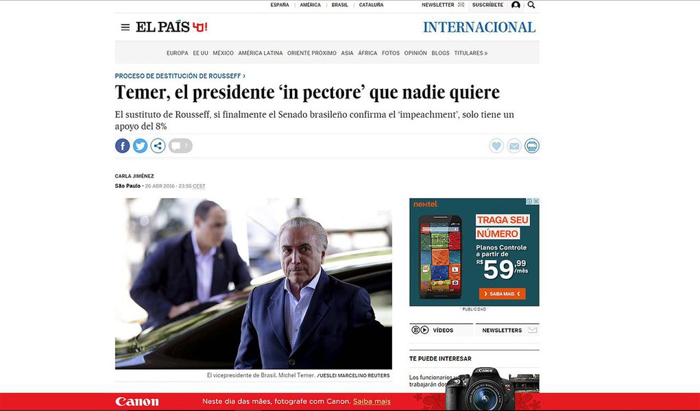 Reportagem do jornal espanhol El Pais destaca pesquisa Ibope sobre o impeachment no Brasil, que aponta que apenas 8% dos entrevistados apoia um eventual governo Temer; texto ressalta que o vice, “que agora negocia seu futuro governo na sombra, foi chamado pela própria presidente Dilma Rousseff de conspirador e golpista”, e que é suspeito de envolvimento no esquema de corrupção da Petrobras 