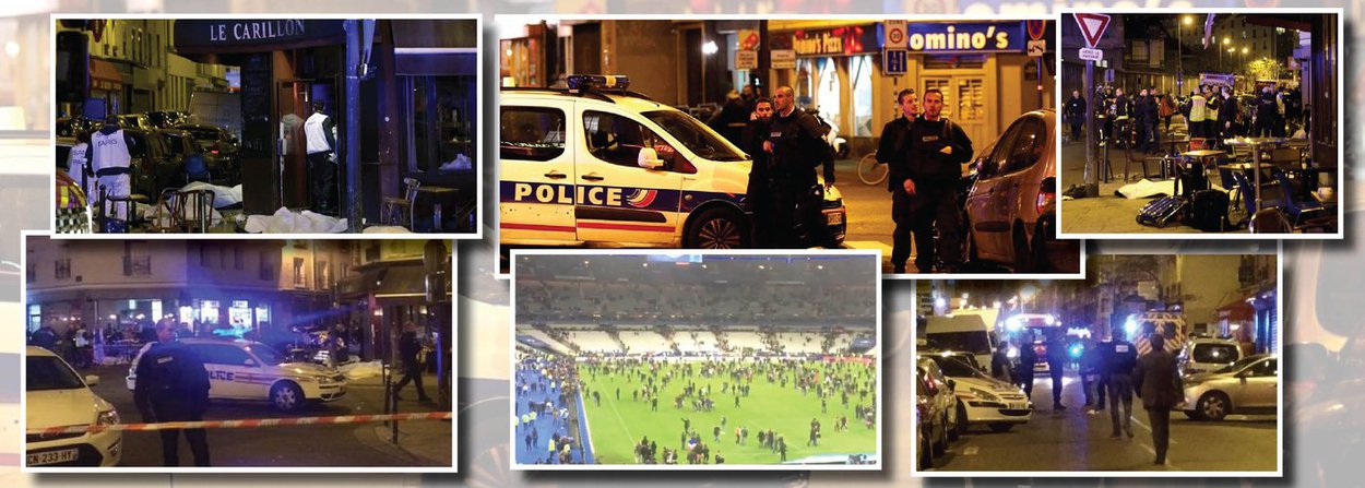Nove ataques simultâneos deixaram pelo menos 140 mortos em Paris; há dezenas de feridos; houve três explosões próximas ao Stade de France, onde a França disputou uma partida amistosa contra a Alemanha; presidente François Hollande estava no estádio e deixou às pressas o local; numa das casas de show da capital francesa, o Bataclan, havia 100 reféns; até agora, nenhum grupo terrorista assumiu a autoria dos atentados; pânico total na França e na comunidade internacional; ataque terrorista é o mais ousado desde o 11 de Setembro; aparentemente, o caso está relacionado à crise na Síria, alvo dos Estados Unidos e epicentro da crise dos refugiados; Barack Obama afirmou que atentado é "contra a humanidade"
