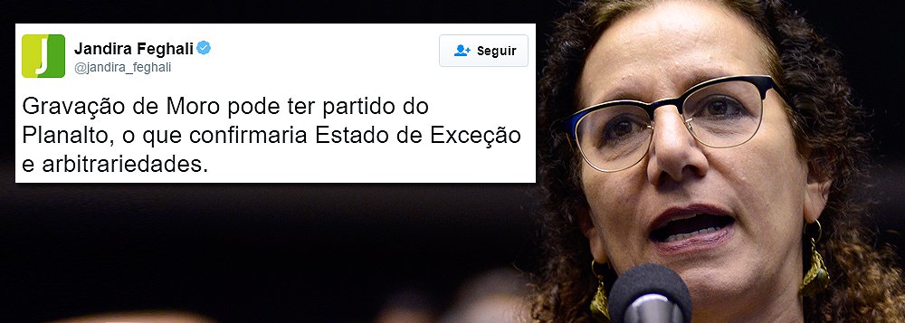 Deputada federal Jandira Feghali (PCdoB/RJ) diz ser "estranho" gravação do juiz Sérgio Moro se iniciar no Palácio do Planalto; ‘Ouça o início do áudio: a ligação que partiu do Planalto já estava sendo grampeada, muito antes do segurança atender e dizer "alô". Isso seria um absurdo, Estado de Exceção. Chefe de Estado não pode ser grampeada!!!’
