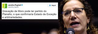 Deputada federal Jandira Feghali (PCdoB/RJ) diz ser "estranho" gravação do juiz Sérgio Moro se iniciar no Palácio do Planalto; ‘Ouça o início do áudio: a ligação que partiu do Planalto já estava sendo grampeada, muito antes do segurança atender e dizer "alô". Isso seria um absurdo, Estado de Exceção. Chefe de Estado não pode ser grampeada!!!’