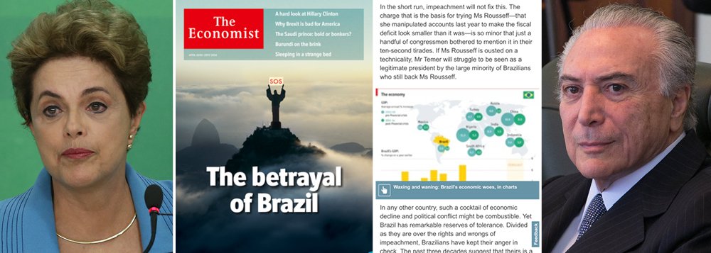 Golpe brasileiro é submetido a mais um vexame internacional; até mesmo a ultraconservadora revista inglesa The Economist, frequentemente citada pela mídia nacional, tirou sarro do impeachment aprovado na Câmara dos Deputados no último domingo; capa da revista que circula neste 21 de abril, data de Tiradentes, o herói traído na Inconfidência Mineira, fala justamente da traição do Brasil; revista diz ainda que os delitos fiscais atribuídos à presidente Dilma Rousseff são muito menores do que os de seus algozes e afirma que o vice-presidente Michel Temer dificilmente será percebido como alguém com legitimidade para governar o País; imprensa brasileira condena por tentar dizer na ONU o que o mundo inteiro já comenta: ela foi vítima de um golpe