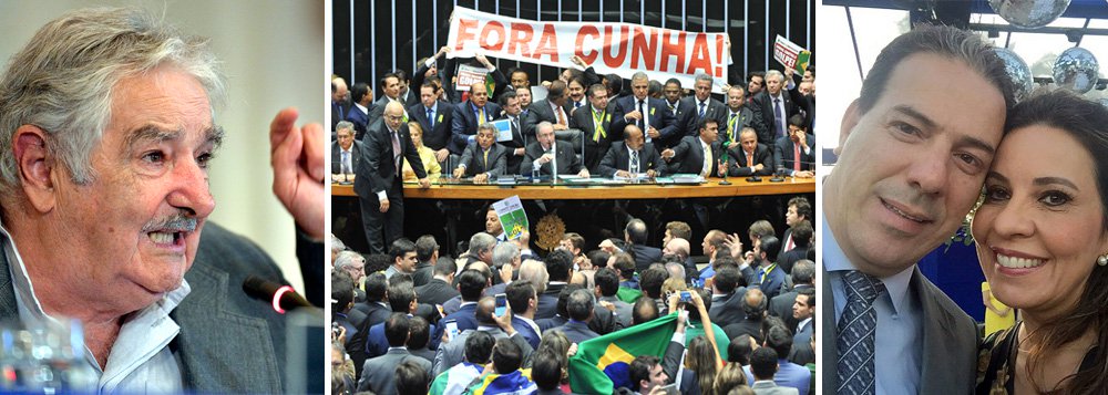 “Essa transmissão [da votação do impeachment] fez mal ao Brasil como nação, ao prestígio do Brasil. Baixaram a categoria do Brasil na consideração mundial. Se tivessem votado sem fundamentar, teria sido mais saudável para o futuro do Brasil” disse o ex-presidente uruguaio Jose Pepe Mujica, em entrevista a jornalistas brasileiros; “É paradoxal que queiram tirar a presidenta um monte de gente que tem acusações [criminais], que votam por um monte de coisas, como aquela que votou pela honestidade do marido e no outro dia o marido é preso”, afirmou, referindo-se à deputada Raquel Muniz (PSD-MG), esposa do prefeito de Montes Claros, Ruy Muniz, que foi preso por desvio de recursos públicos; Mujica disse ainda que "a corrupção é tão velha quanto o Brasil"