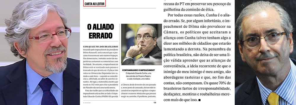 Editorial deste fim de semana da revista Veja, agora comandada por André Petry, sinaliza que a Abril está ciente de que a oposição não tem os votos necessários para consumar o golpe contra a democracia que vem sendo conduzido pela aliança entre os "moralistas" do PSDB e o deputado Eduardo Cunha (PMDB-RJ); mais do que isso, Veja diz que a presidente Dilma Rousseff tem razão ao dizer que Cunha instalou o processo por "vingança", o que já bastaria para anular o processo, e diz que a oposição errou ao se aliar ao presidente da Câmara; "Desmoralizado por propinas e contas secretas na Suíça, Cunha, com sua presença, contamina a lisura do impeachment"