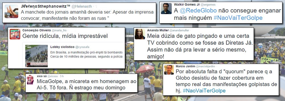 Emissora dos Marinho, que pretendia cobrir as manifestações de hoje como a apoteose das Diretas-Já, se surpreendeu com a constrangedora falta de público; sem ter o que mostrar nas manifestações que pretendia insuflar, Globonews preferiu mudar de assunto
