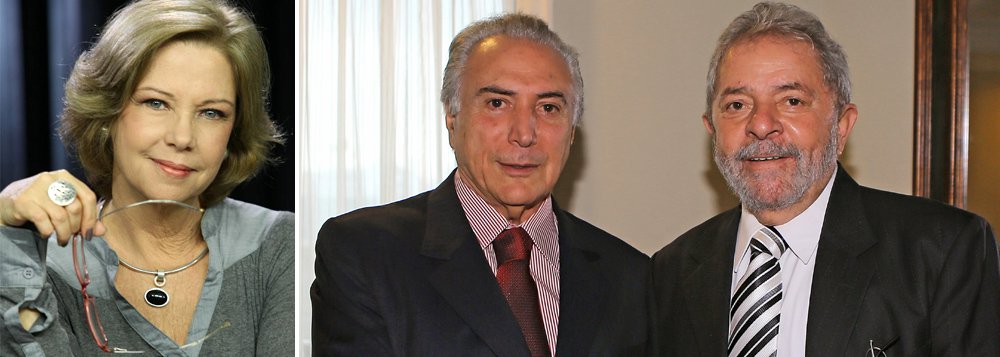 Segundo a colunista Eliane Cantanhêde, a conversa entre o ex-presidente Lula e o vice Michel Temer em São Paulo, em pleno Domingo de Páscoa, tinha como objetivo discutir “um pacto de convivência que, em vez de destruir a transição com Temer, possa construir uma chance para o PT em 2018”; ‘de forma mais direta: Lula e o PT sabem que Dilma está perdida e já discutem o “day after”’, diz 