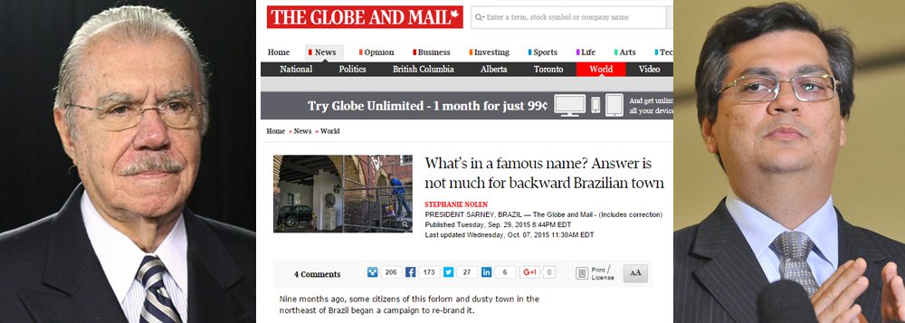 Com o título "O que há por detrás de um nome famoso? A resposta está em uma longínqua cidade brasileira", um dos maiores jornais do Canadá, o “The Globe and Mail”, faz referência ao município Presidente Sarney, norte do Maranhão, e afirma que "muitos moradores querem mudar o nome da cidade de volta para Pimenta, como era conhecido antes, enquanto eles esperam para o desenvolvimento ambicioso que o novo governo (Flávio Dino, do PC do B) planeja para alcançá-los"; "O Sr. Sarney é alvo de inúmeros processos por malversação dos recursos públicos", diz a reportagem
 