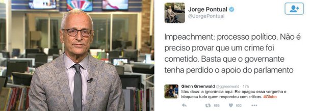 Após ter tuitado a frase "Impedimento: processo político. Não é necessário preciso provar que um crime foi cometido. Basta que o governante tenha perdido o apoio do Parlamento", o jornalista passou a ser alvo de críticas e apagou o post; um dos críticos foi o jornalista Glenn Greenwald, que falou em "ignorância" de Pontual pelo comentário; "Ele apagou essa vergonha e bloqueou tudo quem respondeu com críticas", disse Glenn