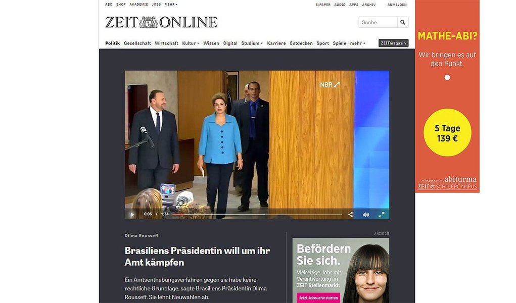 O "Die Zeit", mais respeitado semanário alemão, desmascara a parcialidade da imprensa brasileira, contra o governo da presidente Dilma Rousseff; "Os principais meios de comunicação do país fornecem um fogo contínuo de propaganda antigoverno: a maioria pertence a oligarcas influentes com opiniões de direita e padrões jornalísticos relaxados", diz