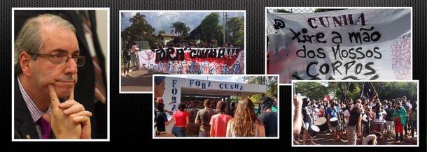 Cerca de 400 jovens fizeram um 'escracho' nesta segunda-feira 2 em frente à casa do presidente da Câmara, Eduardo Cunha (PMDB), em Brasília; o grupo, articulado principalmente pelo movimento Levante, defendeu o afastamento de Cunha do cargo diante de denúncias de corrupção envolvendo seu nome e protestou contra a agenda conservadora da Casa, onde estão sendo aprovados projetos que tiram direitos das mulheres, prejudicam indígenas e a classe trabalhadora; Janderson Barros, do coletivo de juventude do MST no DF, disse que "as pautas conservadoras do Congresso retiram direitos fundamentais do povo brasileiro, por isso a necessidade de uma reforma política"; Laura Lyrio, da coordenação do Levante, convidou a juventude a protestar contra "o retrocesso brasileiro"