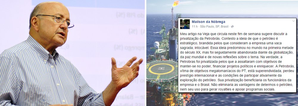 Animada com a aprovação do projeto que determina o fim da participação obrigatória da Petrobras na exploração do pré-sal, de autoria do senador José Serra (PSDB-SP), a direita brasileira se excita com a possibilidade de privatização da estatal; em artigo publicado na Veja desta semana, o ex-ministro da Fazenda Maílson da Nóbrega apresenta a proposta, que para ele "beneficiaria os funcionários da empresa e o Brasil"; "Contesto a ideia de que o petróleo é estratégico, brandida pelos que consideram a empresa uma vaca sagrada, intocável", escreveu o economista, em um texto publicado no Facebook