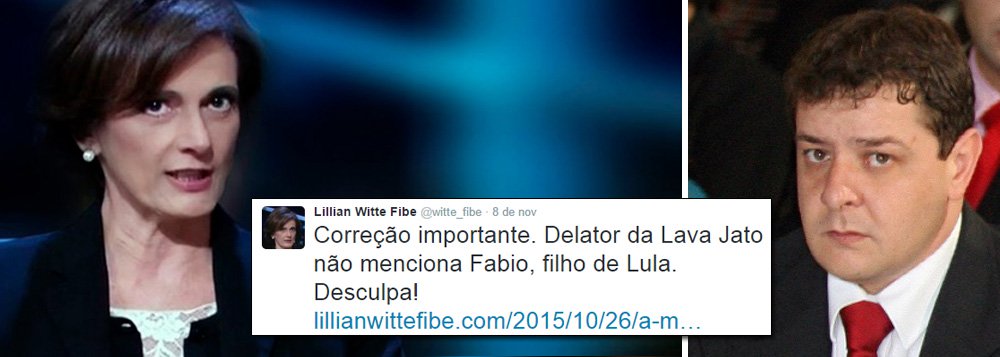 "Correção importante. Delator da Lava Jato não menciona Fabio, filho de Lula. Desculpa!", publicou a jornalista em sua conta no Twitter; nessa semana, o ator global Tonico Ferreira gravou um vídeo perguntando se Lilian não se retrataria de seu erro, uma vez que reproduziu notícia do colunista Lauro Jardim, de que Fábio Luís Lula da Silva havia sido citado em delação por Fernando Baiano, o que provou-se ser mentira
