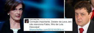 "Correção importante. Delator da Lava Jato não menciona Fabio, filho de Lula. Desculpa!", publicou a jornalista em sua conta no Twitter; nessa semana, o ator global Tonico Ferreira gravou um vídeo perguntando se Lilian não se retrataria de seu erro, uma vez que reproduziu notícia do colunista Lauro Jardim, de que Fábio Luís Lula da Silva havia sido citado em delação por Fernando Baiano, o que provou-se ser mentira
