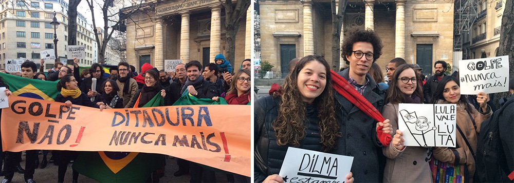 Cerca de uma centena de brasileiros que vivem em Paris se reuniram nas proximidades do Consulado Geral do Brasil para demonstrar sua contrariedade à tentativa de golpe em curso no país; com cartazes e faixas, brasileiros pediam defesa da democracia e declaravam apoio ao ex-presidente Lula e à presidente Dilma Rousseff; nenhum dos correspondentes da grande imprensa brasileira em Paris acompanharam o ato