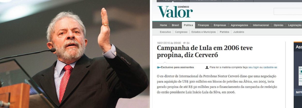 Ex-presidente nega fazer parte da Lava Jato ao responder a reportagem "Campanha de Lula em 2006 teve propina, diz Cerveró", publicada pelo jornal; em nota, o Instituto Lula afirma que "a história narrada nestes papéis, de procedência ilegal e duvidosa, é requentada e sequer foi confirmada pelo delator"; e que sua publicação "serve apenas para alimentar uma campanha de difamação, sem provas nem indícios, com claras motivações políticas, contra o maior líder popular do país"