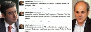 O deputado federal João Arruda, secretário-geral do PMDB do Paraná, atuando como porta-voz dos interesses do partido em Curitiba, pelo Twitter, abriu fogo contra o prefeito Gustavo Fruet (PDT); para o sobrinho do senador Roberto Requião, a pesquisa da IRG Consultoria é “mandraque”, pois, segundo ele, o deputado “Delegado Francischini”, como é conhecido pelo eleitorado, na pesquisa, apareceu como “Fernando Franscichini”; já o deputado “Requião Filho” foi apresentado nos questionários como “Maurício Requião Filho”; “A pesquisa chamou urubu de meu louro. Tudo para favorecer o atual prefeito”, disparou