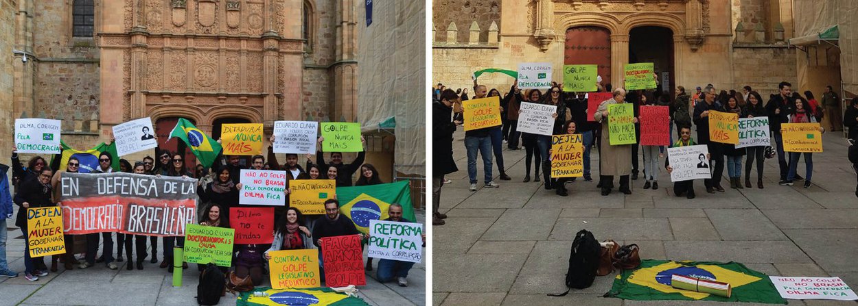 Diante de sua fachada histórica, residentes, estudantes e investigadores da Universidade de Salamanca, uma das instituições que mais acolhem estudantes e investigadores brasileiros na Europa, se uniram às massivas mobilizações ao redor do mundo contra o grave processo de ruptura da legalidade atualmente em curso no Brasil