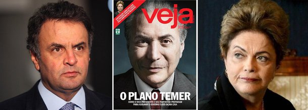 Revista da Editora Abril ainda não desistiu do golpe, mas sua aposta não é mais o senador Aécio Neves (PSDB-MG); publicação da família Civita agora tenta emplacar Michel Temer e elogia o documento "Uma ponte para o futuro", apresentado pelo PMDB; "o vice-presidente se prepara para a cada vez mais presente eventualidade de a titular ser afastada do poder", diz Veja; na semana passada, o presidente do Supremo Tribunal Federal, Ricardo Lewandowski, alertou para a necessidade de que o País resista, nos próximos três anos, ao risco de golpe; outro ministro do STF, Dias Toffoli, ponderou que se Dilma vier a ser cassada pelo TSE, o mesmo valerá para Temer