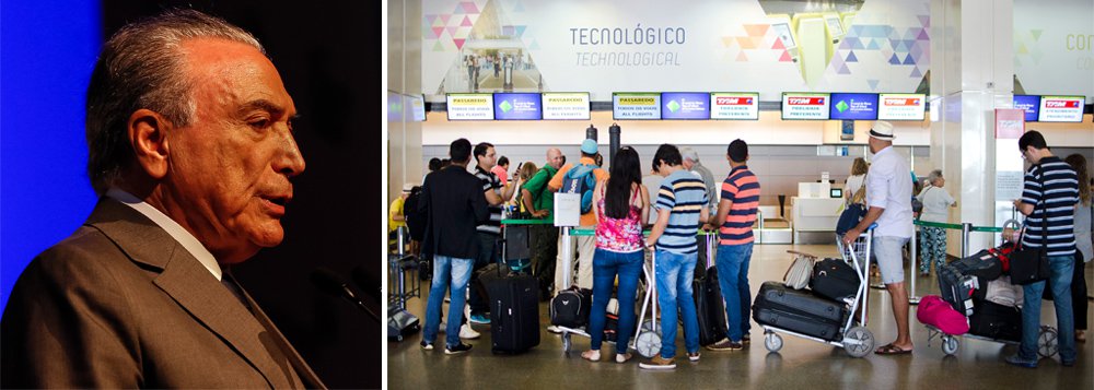 Dentre os sete maiores mercados aéreos do mundo, o Brasil foi o único país a registrar queda no número de passageiros domésticos em 2016, segundo dados da Associação Internacional de Transporte Aéreo (Iata); "Viagens aéreas domésticas do Brasil foram as únicas a mostrar uma queda em 2016, refletindo a situação econômica do país", pontuou a Iata em um relatório sobre o setor; entidade destacou, ainda, que a queda ao longo do exercício passado foi de 5,5%, graças ao agravamento da recessão pós-golpe parlamentar que levou Michel Temer ao poder; média mundial, contudo, registrou um crescimento de 5,7% nas viagens domésticas