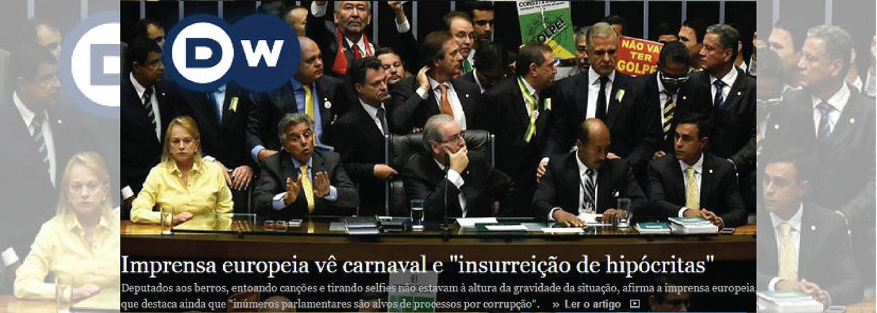 "Por óbvio, ainda esta madrugada, o Brasil virou uma piada vergonhosa na imprensa internacional, com o dantesco espetáculo promovido ontem pela mediocridade hipócrita dos golpistas", diz o jornalista Fernando Brito, do Tijolaço; numa análise assinada intitulada "A insurreição dos hipócritas", o site da revista Der Spiegel afirma que o Congresso brasileiro mostrou sua "verdadeira cara" e, com o uso de meios "constitucionalmente questionáveis", colocou o "avariado navio Brasil" numa "robusta rota de direita"