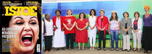 Presidente Dilma Rousseff afirmou que irá processar a revista Istoé por "crime contra a honra" em função da reportagem de capa desta semana; matéria, intitulada "uma presidente fora de si", afirma que a presidente está sofrendo de um desequilíbrio que "a fez perder as condições emocionais para conduzir o governo"; "Demandei que a revista seja processada por crime contra a honra e exigi direito de resposta. Esta revista vem sistematicamente mentido, inventando. Produziu uma peça de ficção para ofender a mulher e a presidenta, com o propósito de me ofender como presidenta justamente por ser mulher. É um texto muito baixo, que reproduz um tipo perverso de misoginia para dizer que, quando uma mulher está sob pressão, costuma perder o controle", afirmou Dilma